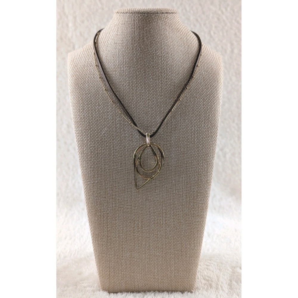 Monet‎ Gold Tone Abstract Swirl Pendant Brown Cord Necklace Vintage